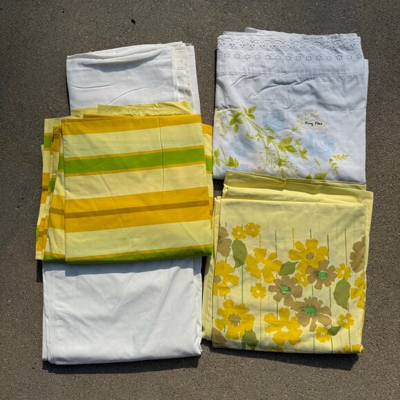 Lot of 5 Vintage 60s 70s King Size Flat Sheets Cotton Gold Yellow Floral Stripe - Picture 1 of 7